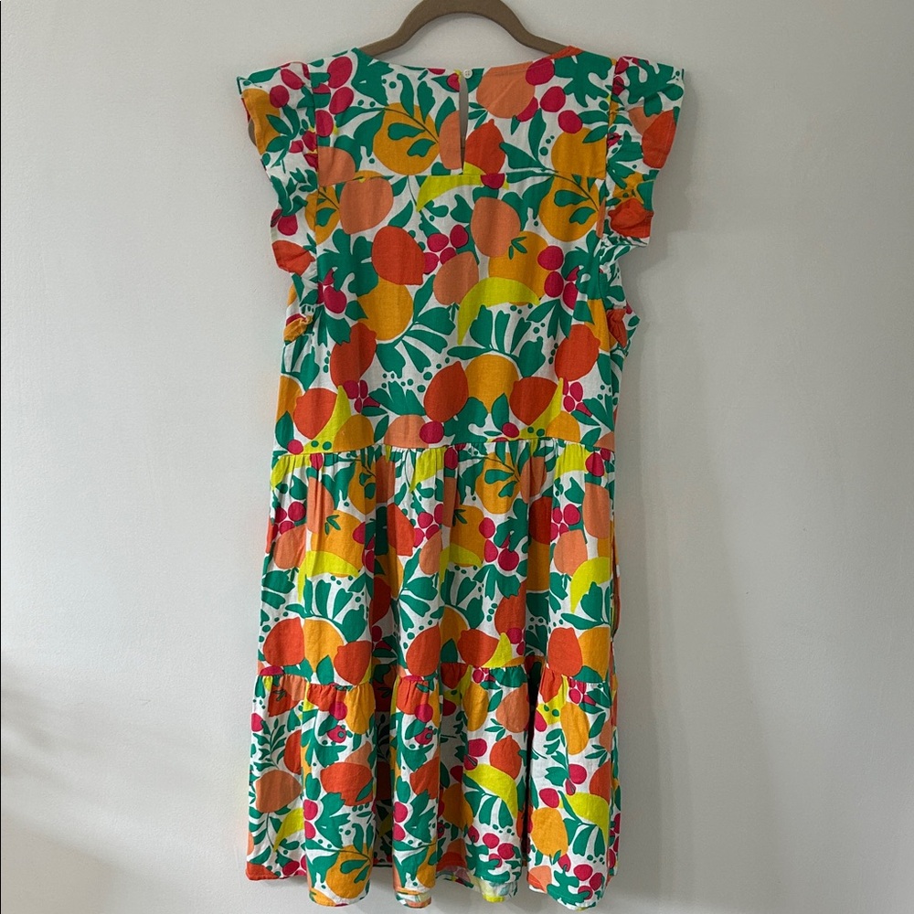 J. Crew Dress Size 12 Novelty Fruit Print Linen Tiered Ruffled Midi Beach Resort - Picture 8 of 15